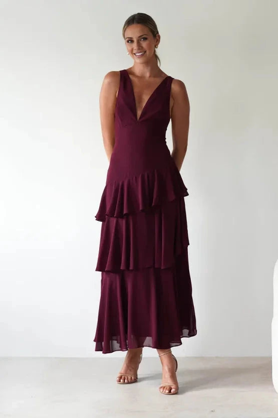 Elegant lightweight chiffon A-line V-neck lace-back layered ruffle midi evening dress by YiHuiw