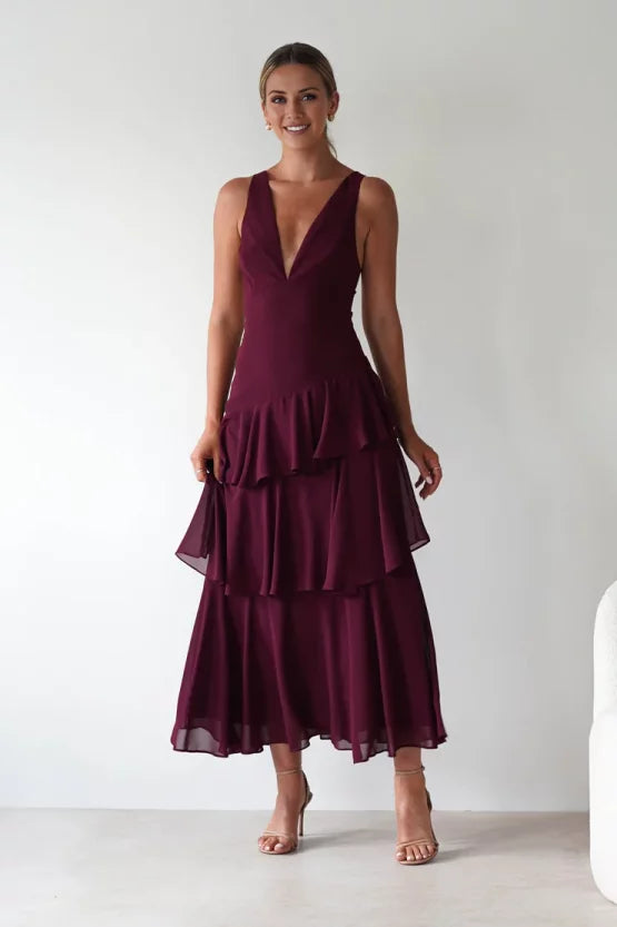 Elegant lightweight chiffon A-line V-neck lace-back layered ruffle midi evening dress