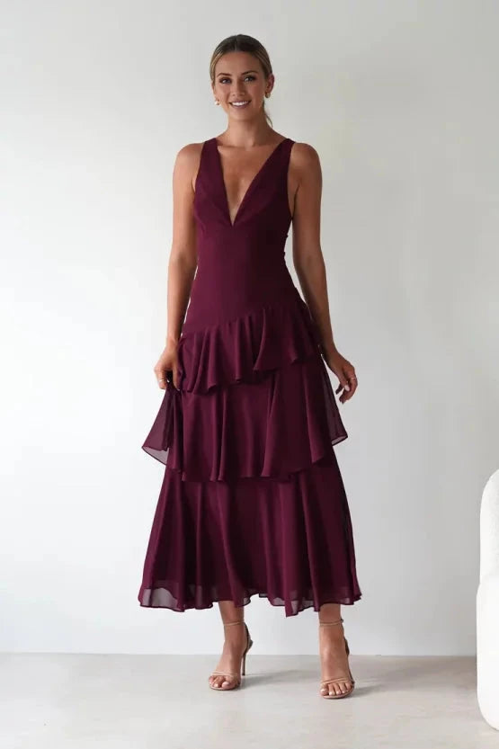 Elegant lightweight chiffon A-line V-neck lace-back layered ruffle midi evening dress by YiHuiw