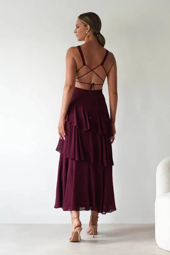 Elegant lightweight chiffon A-line V-neck lace-back layered ruffle midi evening dress by YiHuiw