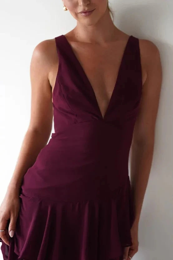 Elegant lightweight chiffon A-line V-neck lace-back layered ruffle midi evening dress by YiHuiw