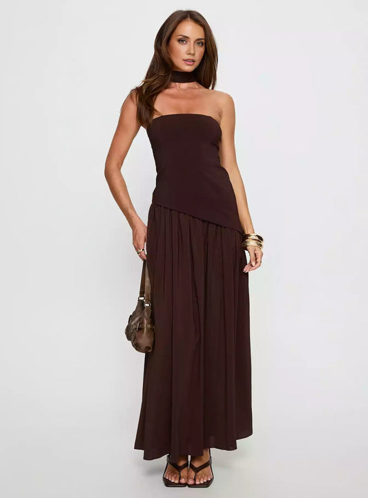 Elegant low waist strapless neckline asymmetrical waist pleats hem side zipper back tie Prom Dresses