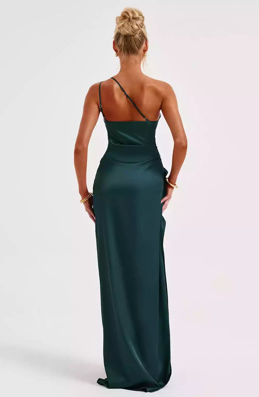 Elegant luxury, lightweight and elastic satin single shoulder high slit long Prom Dresses with hanging pleats