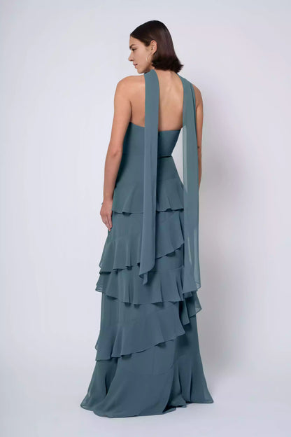 Vestidos de graduación elegantes y lujosos de gasa, sin tirantes, con cuello bufanda, corte en A, borde de volantes, cremallera trasera hasta la mitad