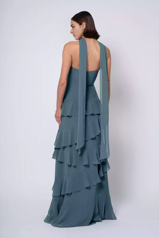 Elegant luxury chiffon strapless scarf collar A-line ruffled edge back mid zip Prom Dresses