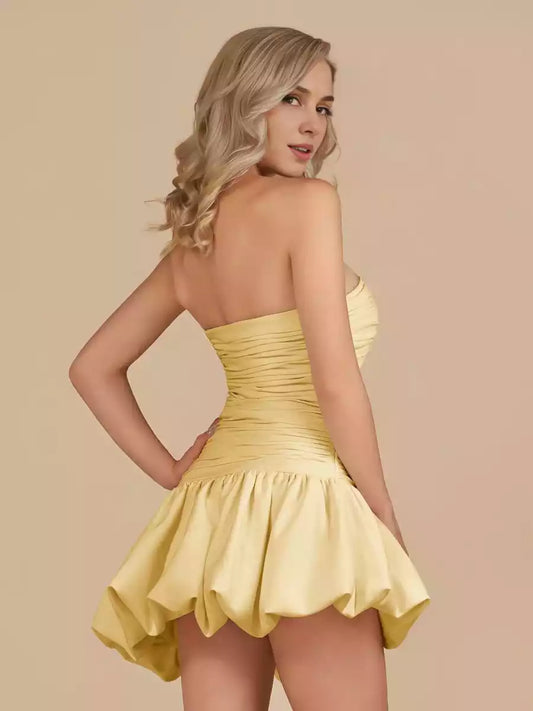 Elegant off shoulder collar satin A-line silhouette pleated sleeveless zipper back Homecoming Dresses