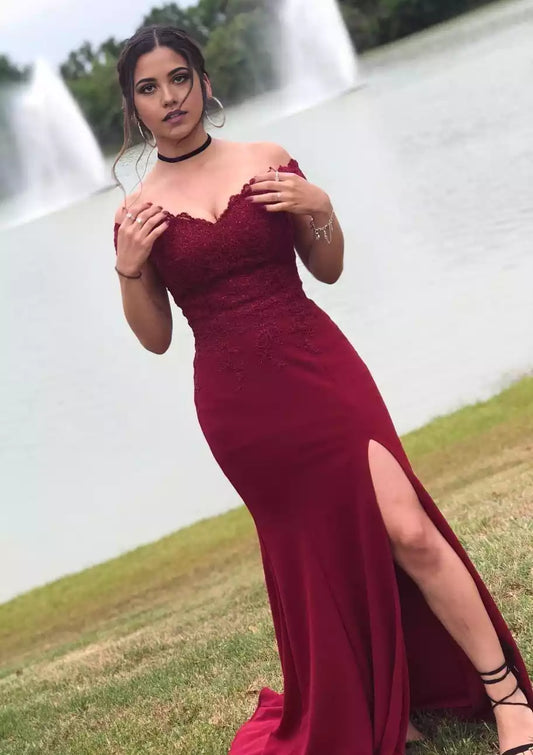 Elegant off shoulder sleeveless trailing elastic satin slit decal Prom Dresses