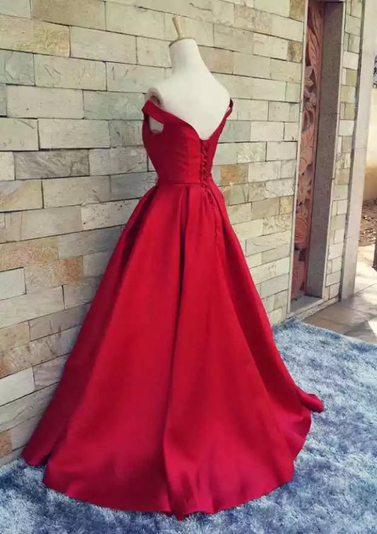 Elegant off shoulder trailing satin sleeveless V-neck and floor highlighting elegant temperament Prom Dresses
