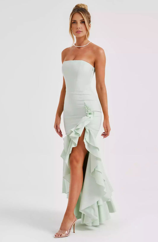 Elegant ruffled front short back long skirt with half body strapless design, extra long, sweet and beautiful Prom Dresses