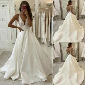 Elegant satin ball gown deep V spaghetti strap button-back floor length wedding dress by YiHuiw