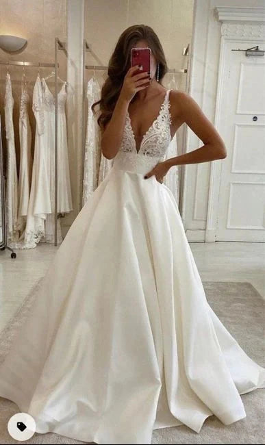 Elegant satin ball gown deep V spaghetti strap button-back floor length wedding dress by YiHuiw