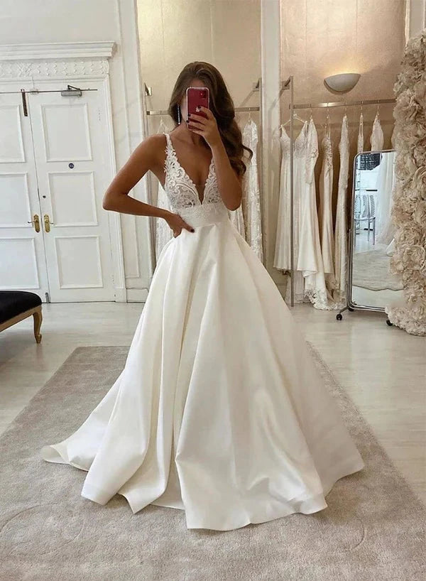 Elegant satin ball gown deep V spaghetti strap button-back floor length wedding dress by YiHuiw