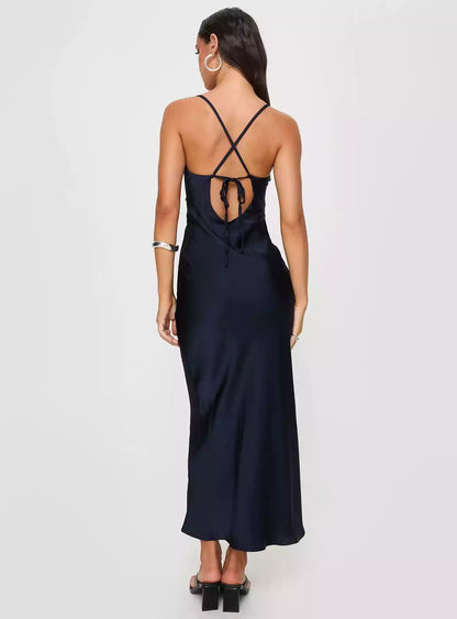 Vestidos de graduación elegantes de satén con corte diagonal, largo detalle de encaje, cremallera lateral oculta y lazo cruzado ajustable