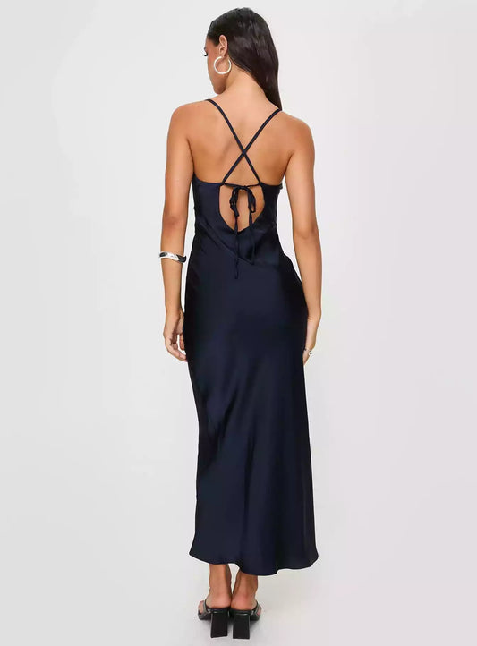 Elegant satin diagonal cut long lace detail with hidden side zipper and adjustable cross tie Prom Dresses