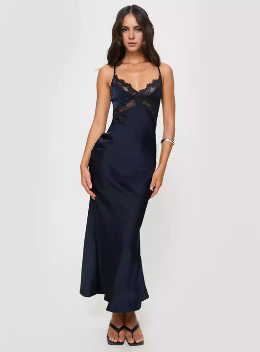 Elegant satin diagonal cut long lace detail with hidden side zipper and adjustable cross tie Prom Dresses