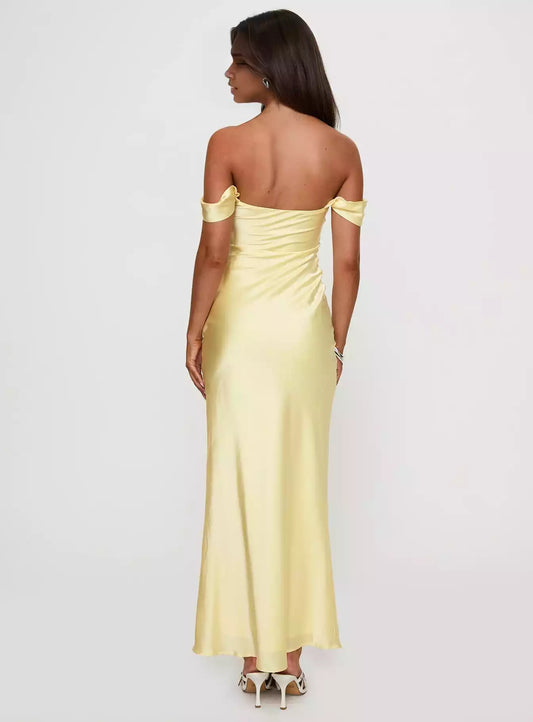 Elegant satin off shoulder long pleated chest with hidden zipper on the side straps, fully lined Prom Dresses