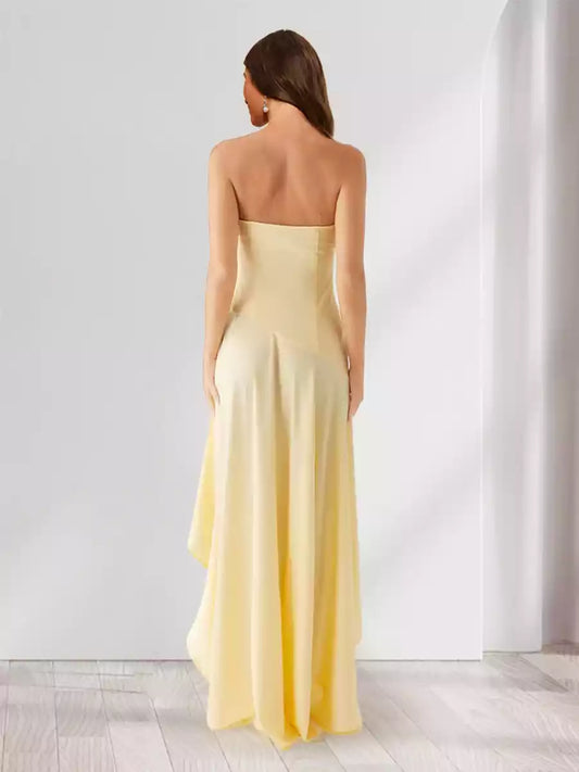 Elegant slim fit/straight asymmetric strapless slit long ruffled Bridesmaid Dresses