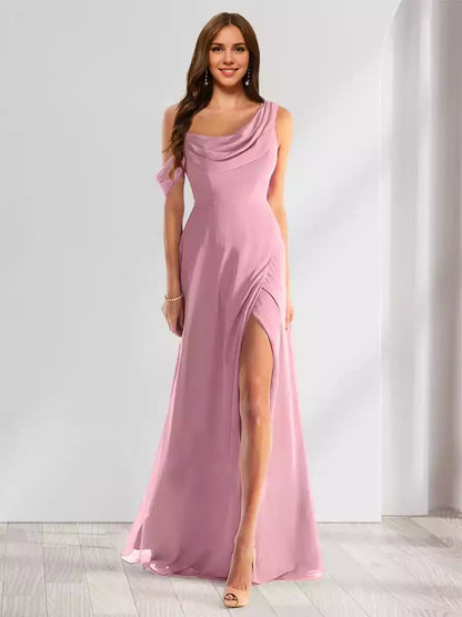 Elegantes vestidos de dama de honor de corte entallado/recto, sin mangas, de gasa hasta el suelo con abertura lateral