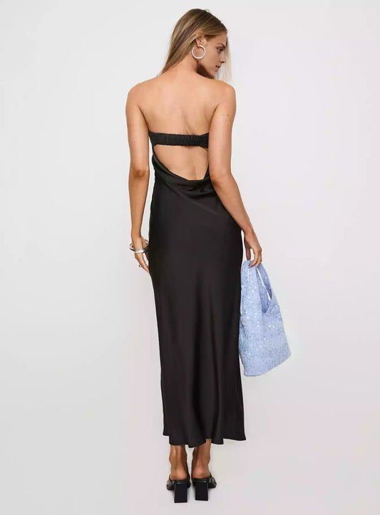 Elegant strapless mid length smooth fabric with folded collar and hidden zipper on the side Prom Dresses