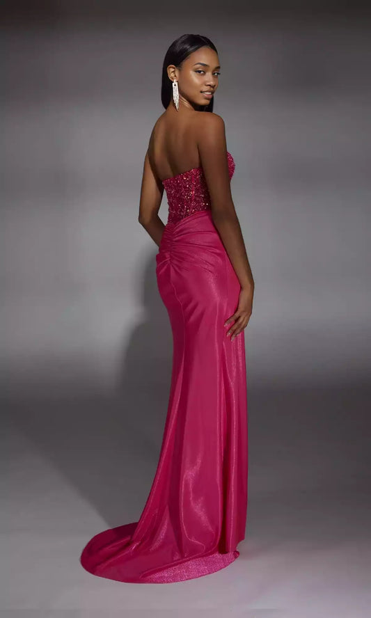 Elegant strapless slim fit long, shiny knit corset with back zipper and skirt slit Prom Dresses