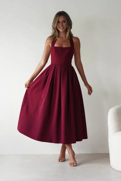 Elegant structured crepe A-line halter open-back pleated midi evening dress by YiHuiw
