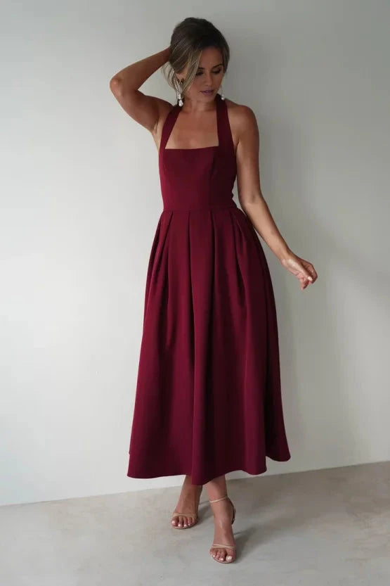 Elegant structured crepe A-line halter open-back pleated midi evening dress by YiHuiw