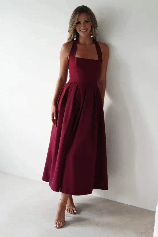 Elegant structured crepe A-line halter open-back pleated midi evening dress by YiHuiw