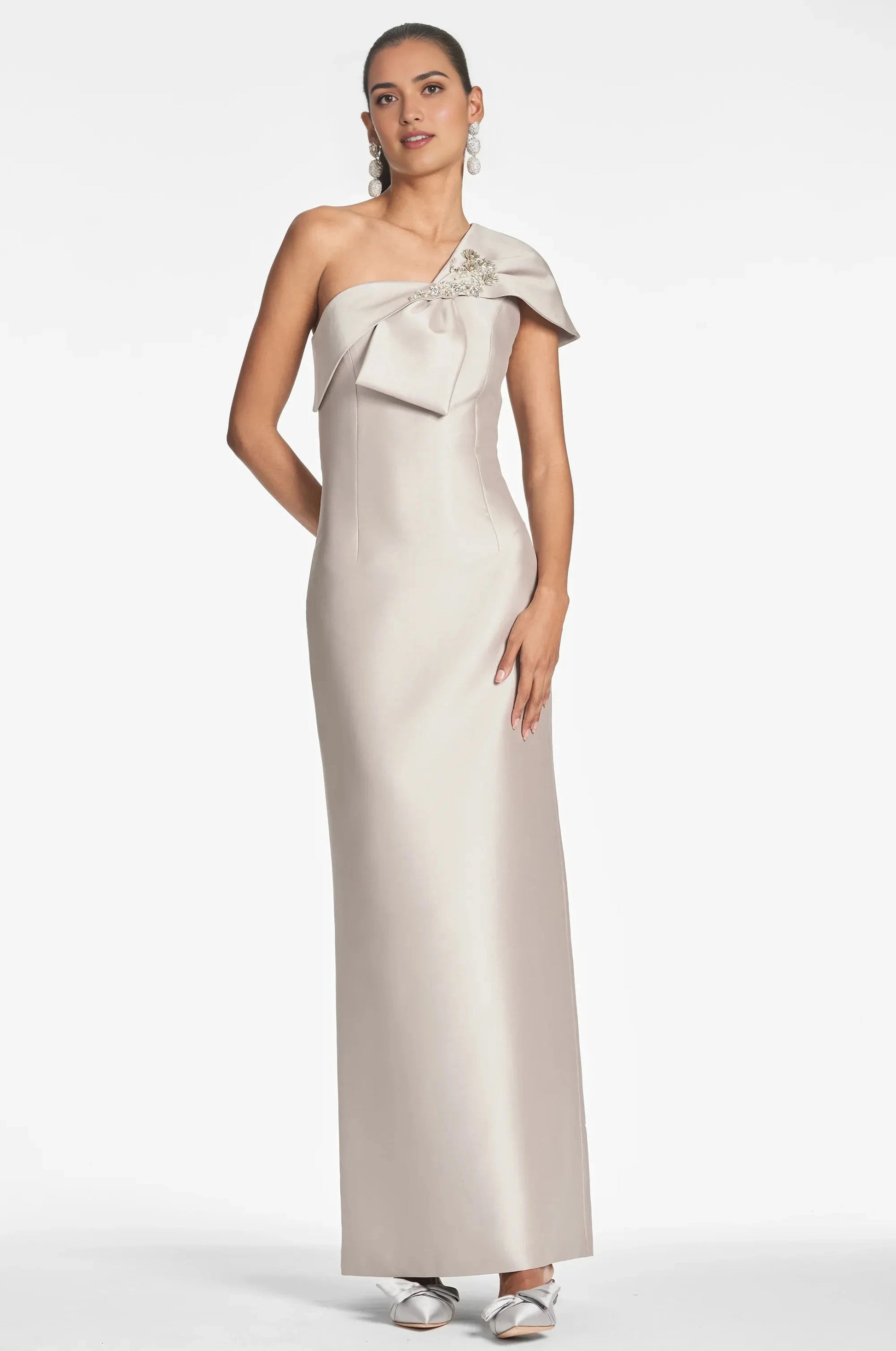 Embellished Bow Sheath One Shoulder Sleeveless Zipper Back High Slit Floor Length For Adults Evening Dress by YiHuiw