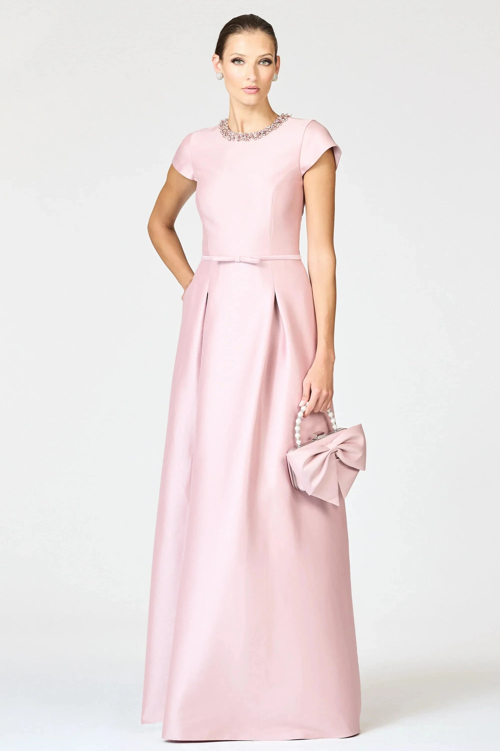 Embellished Neck A Line Crew Neck Short Sleeve Zipper Back Floor Length Female Evening Dress by YiHuiw
