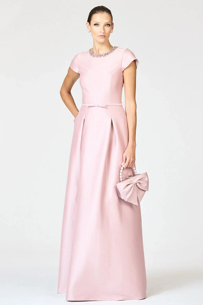 Embellished Neck A Line Crew Neck Short Sleeve Zipper Back Floor Length Female Evening Dress by YiHuiw