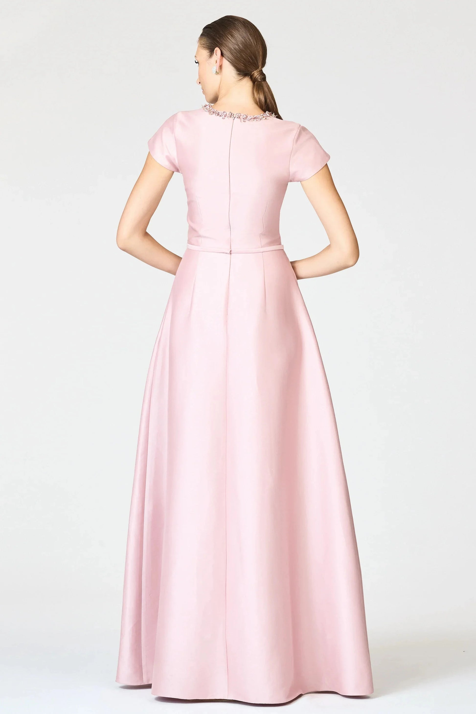 Embellished Neck A Line Crew Neck Short Sleeve Zipper Back Floor Length Female Evening Dress by YiHuiw