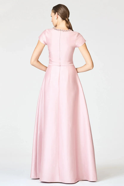 Embellished Neck A Line Crew Neck Short Sleeve Zipper Back Floor Length Female Evening Dress by YiHuiw