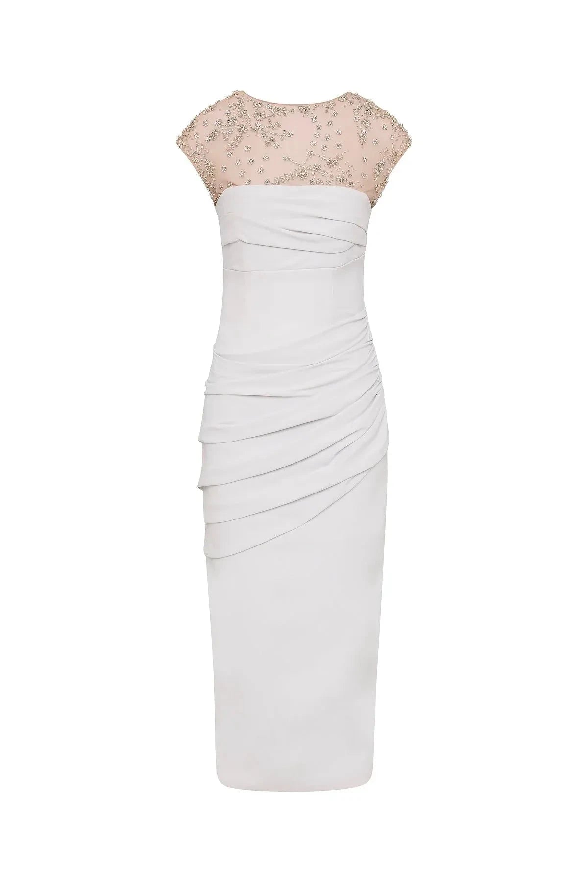 Embellished Sheath Crew Neck Cap Sleeve Zipper Back High Slit Midi Length For Women Prom Dress by YiHuiw