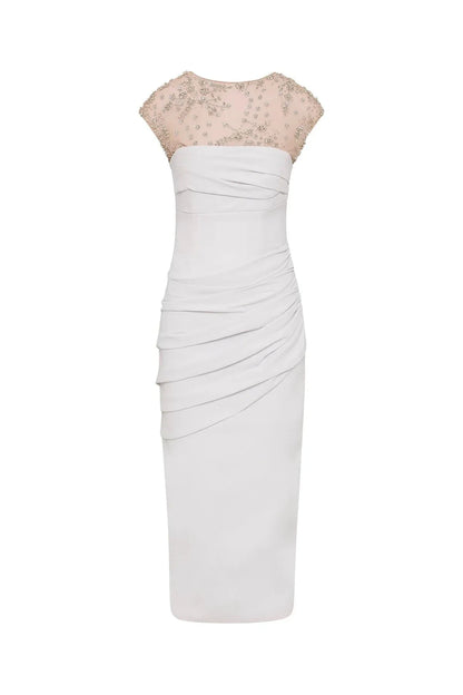 Embellished Sheath Crew Neck Cap Sleeve Zipper Back High Slit Midi Length For Women Prom Dress by YiHuiw