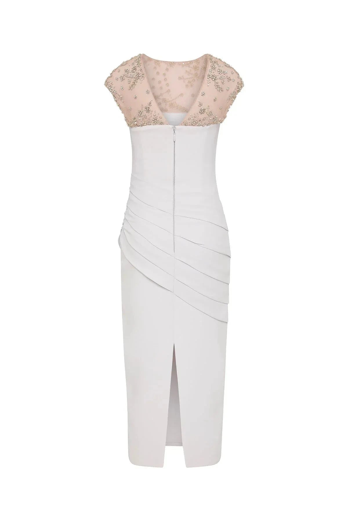 Embellished Sheath Crew Neck Cap Sleeve Zipper Back High Slit Midi Length For Women Prom Dress by YiHuiw