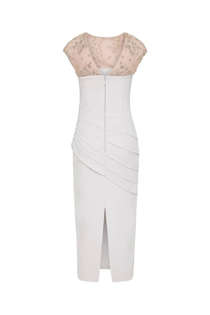 Embellished Sheath Crew Neck Cap Sleeve Zipper Back High Slit Midi Length For Women Prom Dress by YiHuiw