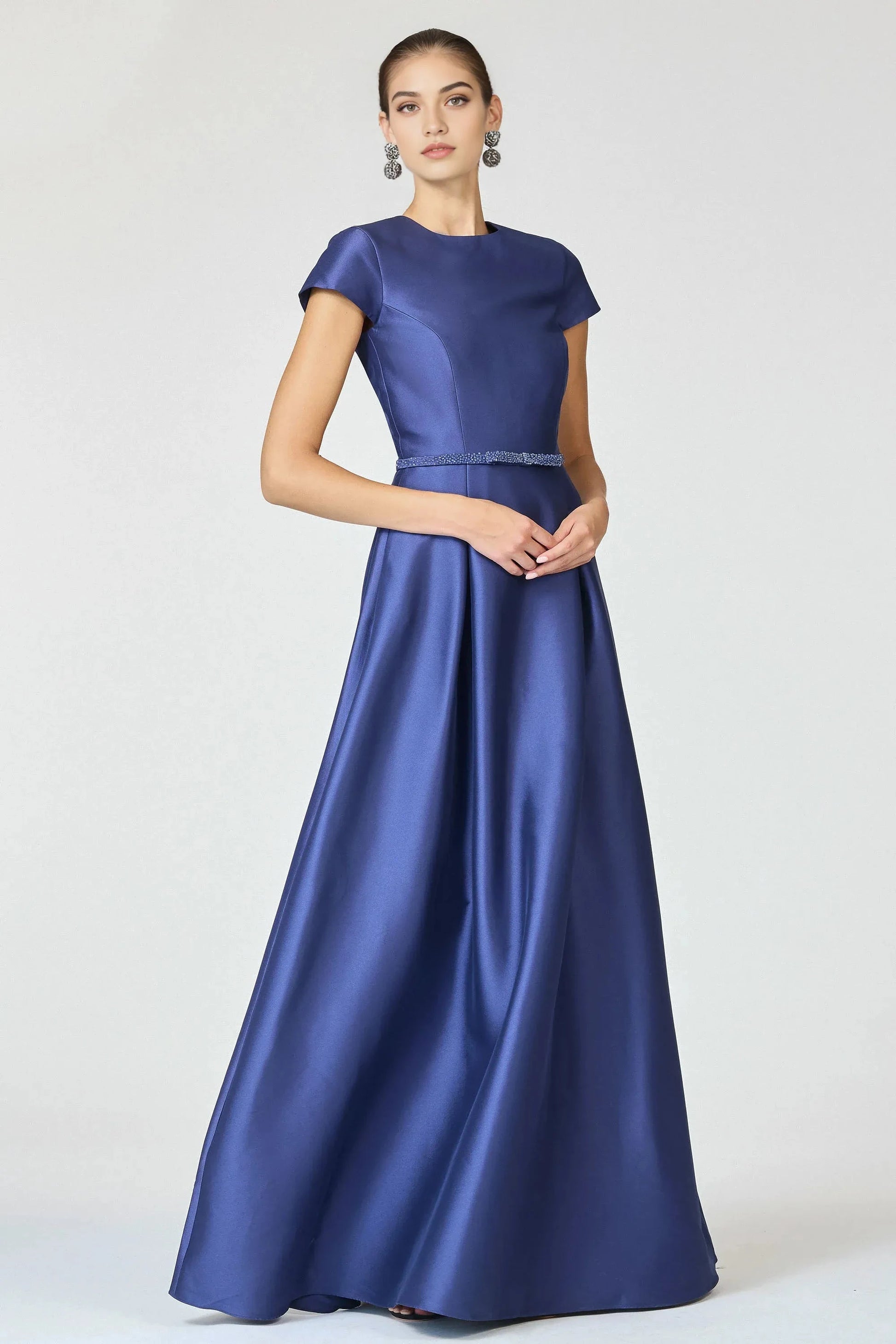 Embellished Waist A Line Crew Neck Short Sleeve Zipper Back Floor Length Female Evening Dress by YiHuiw