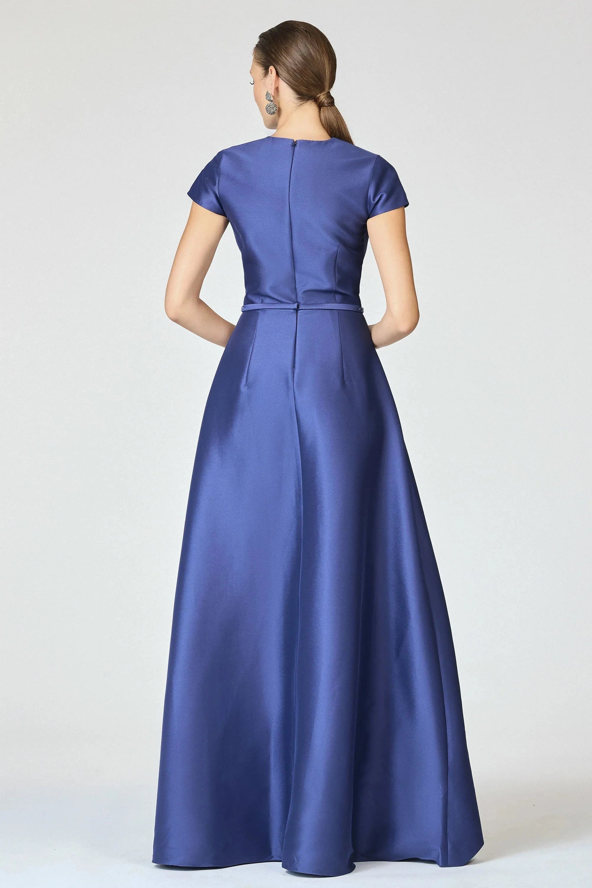 Embellished Waist A Line Crew Neck Short Sleeve Zipper Back Floor Length Female Evening Dress by YiHuiw