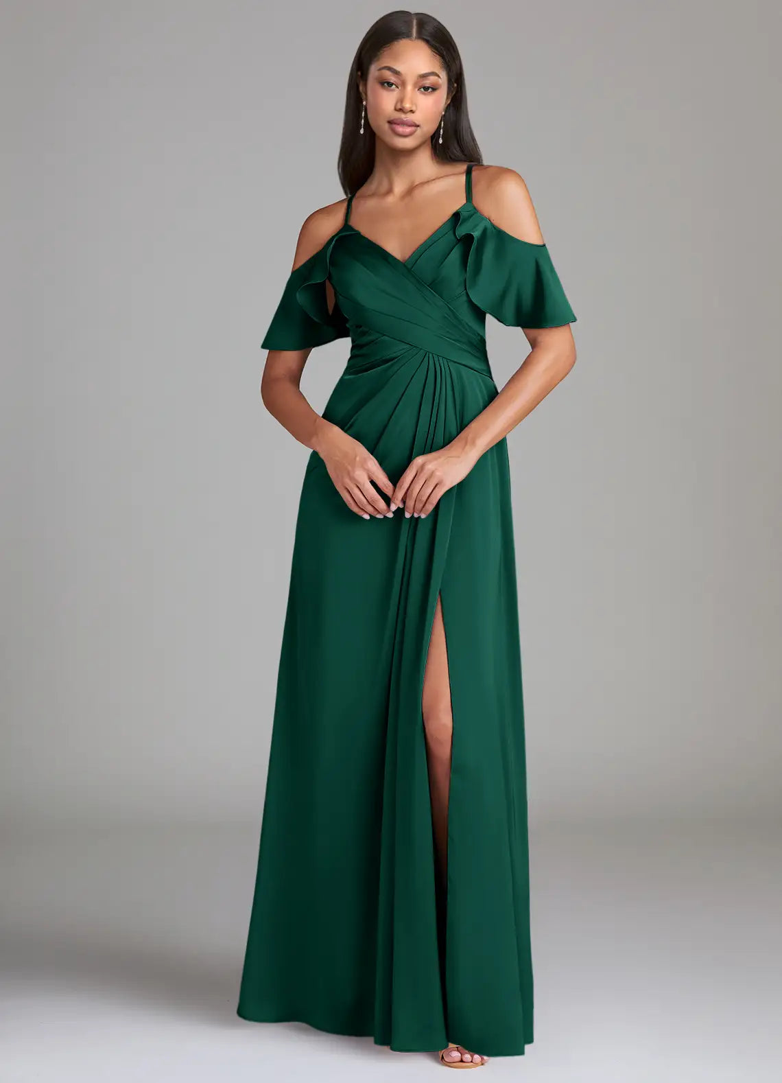 V-Neck Satin Cold Shoulder High Slit Floor-Length Wedding Dress - Yihuiw by Yihuiw