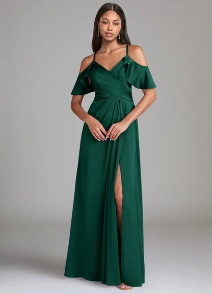 V-Neck Satin Cold Shoulder High Slit Floor-Length Wedding Dress - Yihuiw by Yihuiw