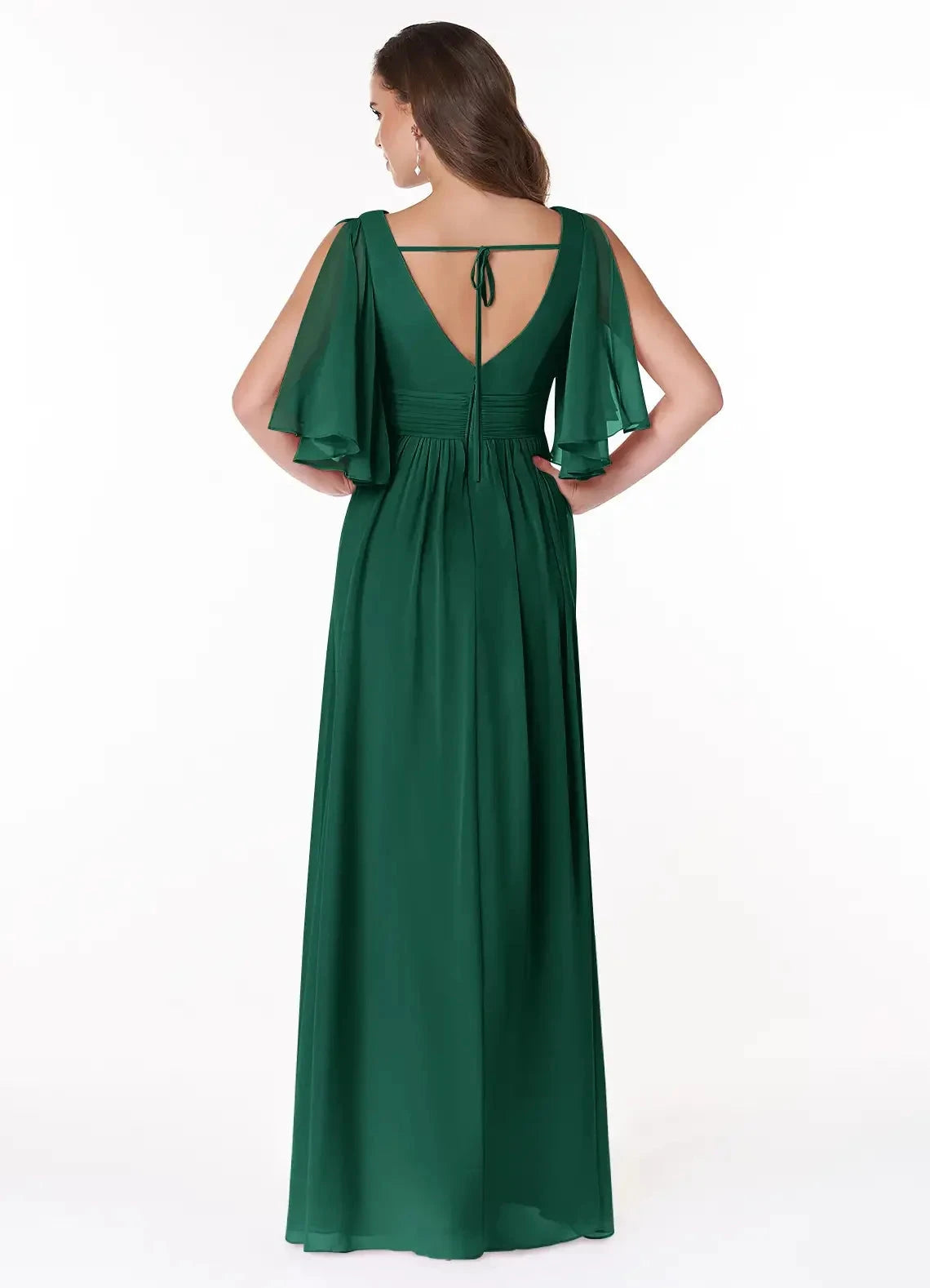 Emerald Green Chiffon Flutter Sleeve Maxi Dress with Side Slit Emerald A-Line Ruched Chiffon Dress Bridesmaid Dresses by YiHuiw