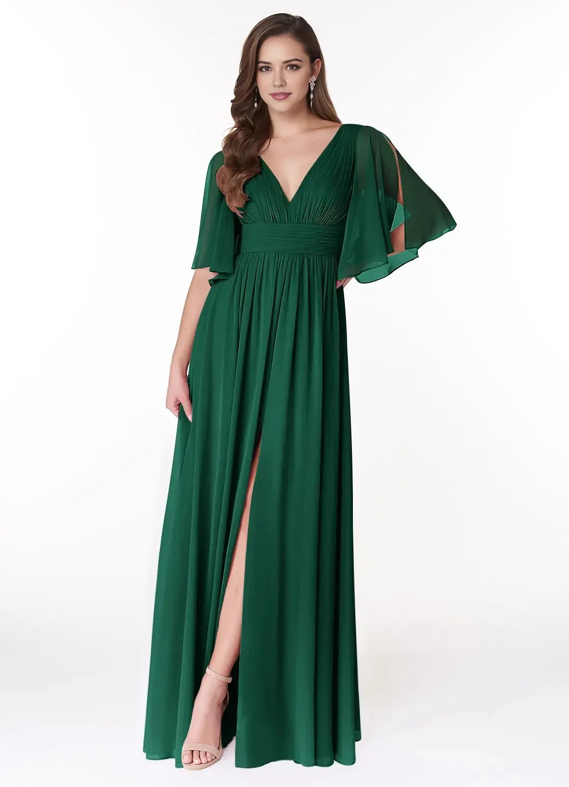 Emerald Green Chiffon Flutter Sleeve Maxi Dress with Side Slit Emerald A-Line Ruched Chiffon Dress Bridesmaid Dresses by YiHuiw