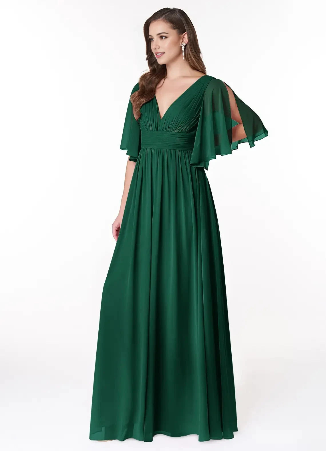 Emerald Green Chiffon Flutter Sleeve Maxi Dress with Side Slit Emerald A-Line Ruched Chiffon Dress Bridesmaid Dresses by YiHuiw