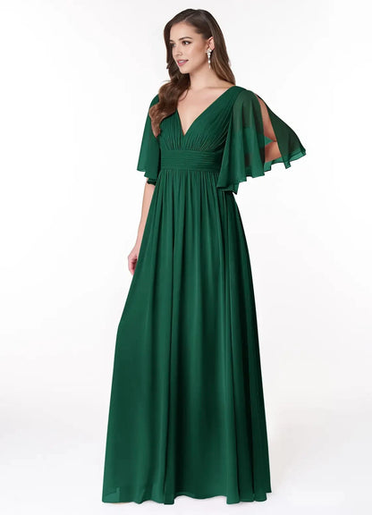 Emerald Green Chiffon Flutter Sleeve Maxi Dress with Side Slit Emerald A-Line Ruched Chiffon Dress Bridesmaid Dresses by YiHuiw