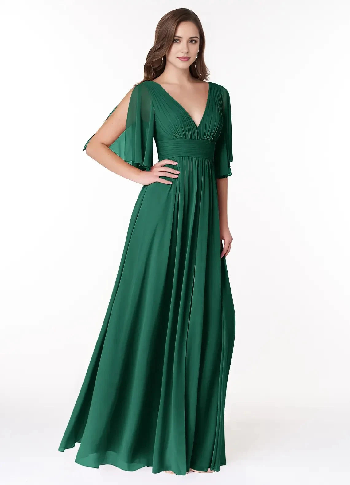 Emerald Green Chiffon Flutter Sleeve Maxi Dress with Side Slit Emerald A-Line Ruched Chiffon Dress Bridesmaid Dresses by YiHuiw