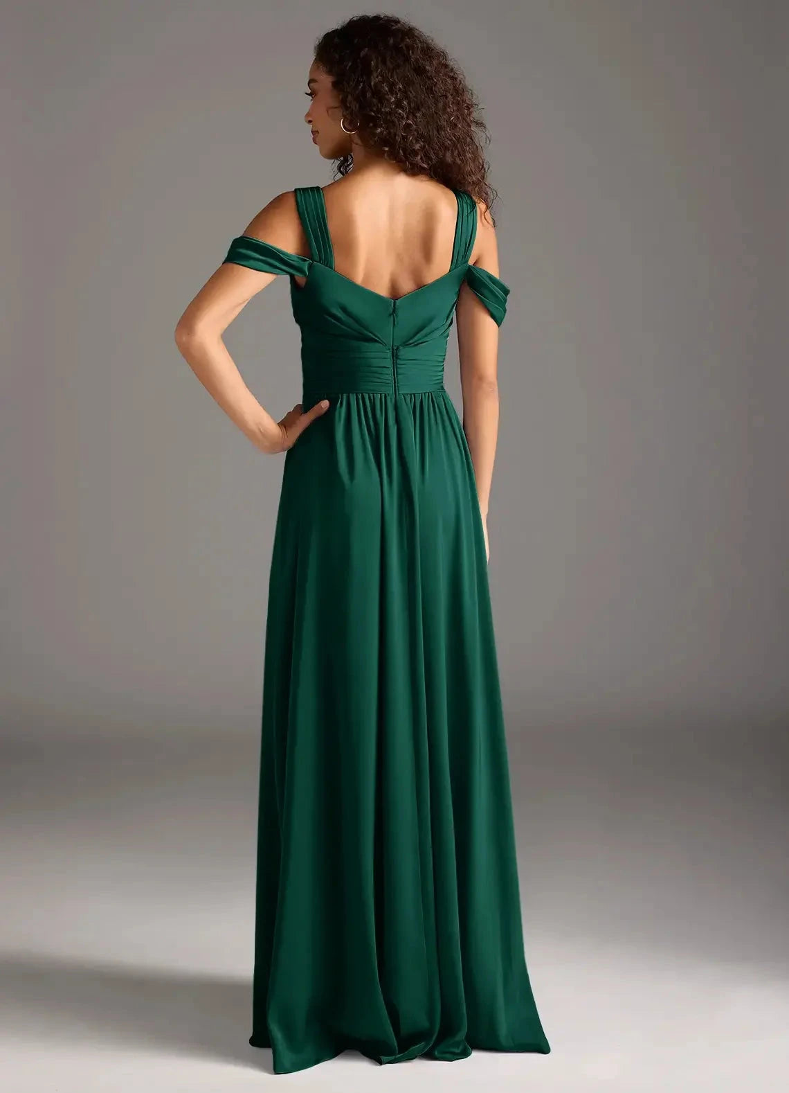 Emerald Green Cold-Shoulder Maxi Dress with Side Slit A-Line Off the Shoulder Stretch Satin Dress Bridesmaid Dresses by YiHuiw