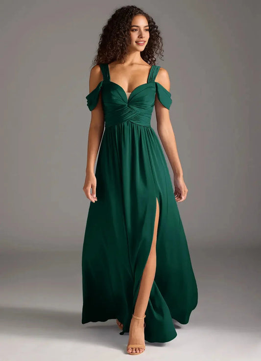 Emerald Green Cold-Shoulder Maxi Dress with Side Slit A-Line Off the Shoulder Stretch Satin Dress Bridesmaid Dresses by YiHuiw
