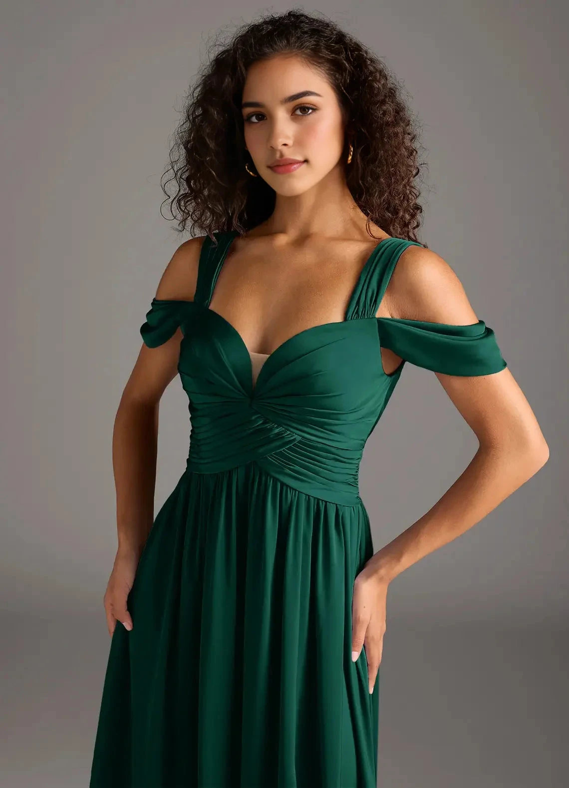 Emerald Green Cold-Shoulder Maxi Dress with Side Slit A-Line Off the Shoulder Stretch Satin Dress Bridesmaid Dresses by YiHuiw