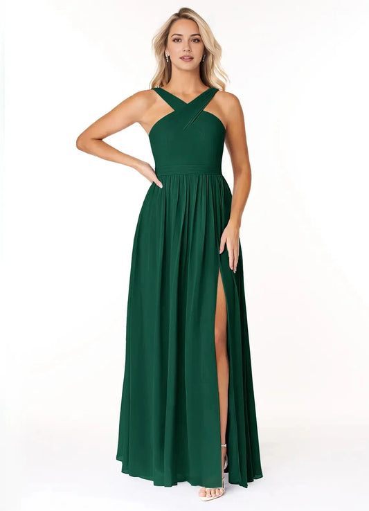 Emerald Green Cross - Strap Maxi Dress with Side Slit Emerald A-Line Pleated Chiffon Dress Bridesmaid Dresses by YiHuiw