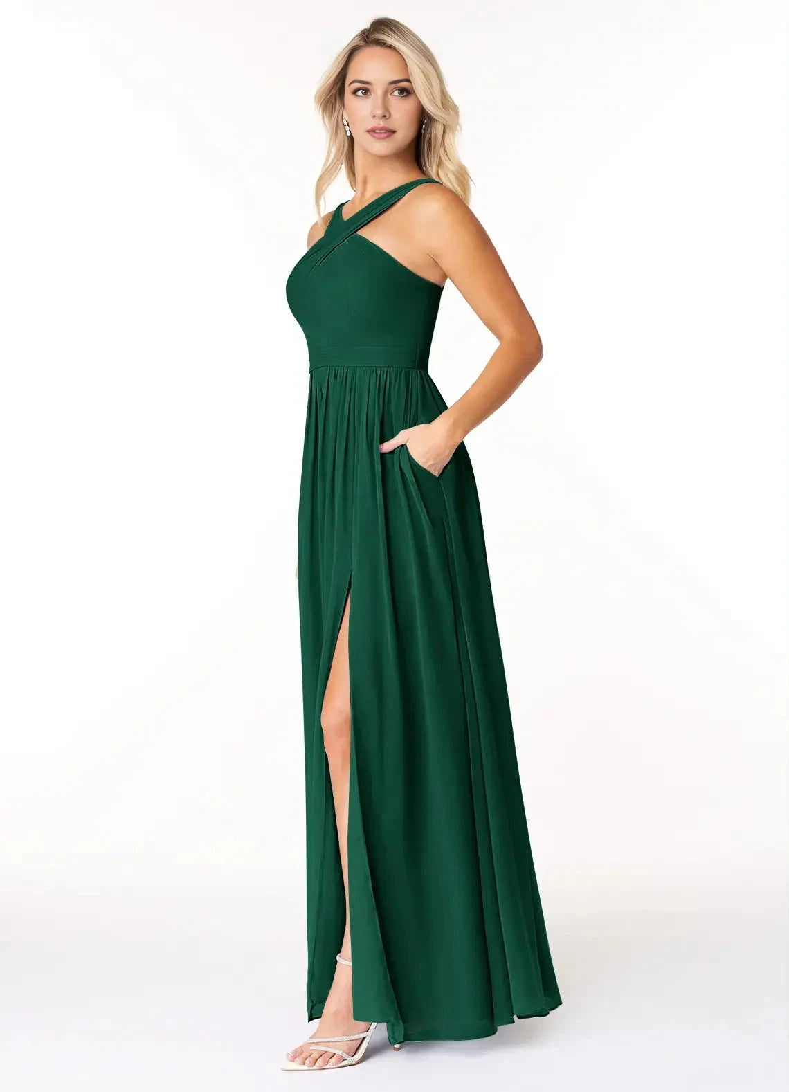 Emerald Green Cross - Strap Maxi Dress with Side Slit Emerald A-Line Pleated Chiffon Dress Bridesmaid Dresses by YiHuiw